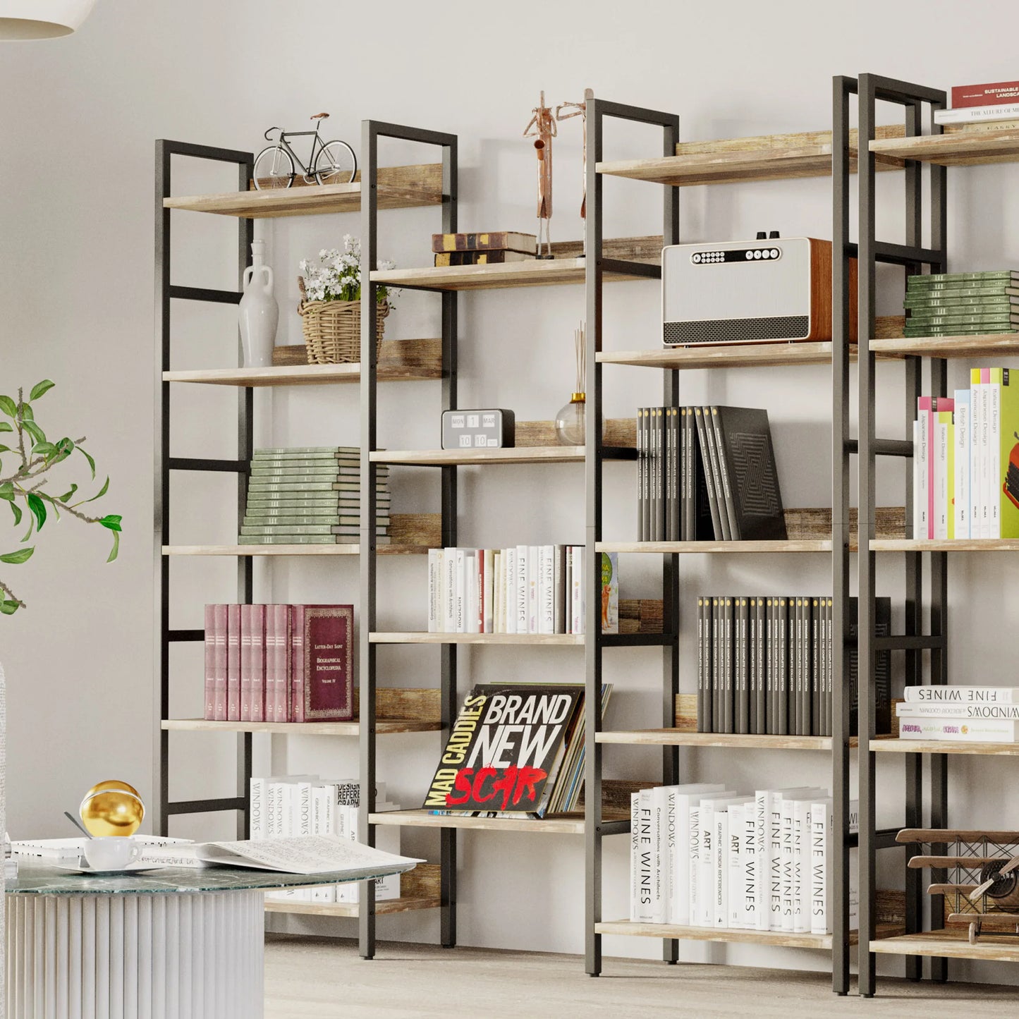 Ironck Triple Wide 5-Tier Industrial Bookshelf With Metal Frame