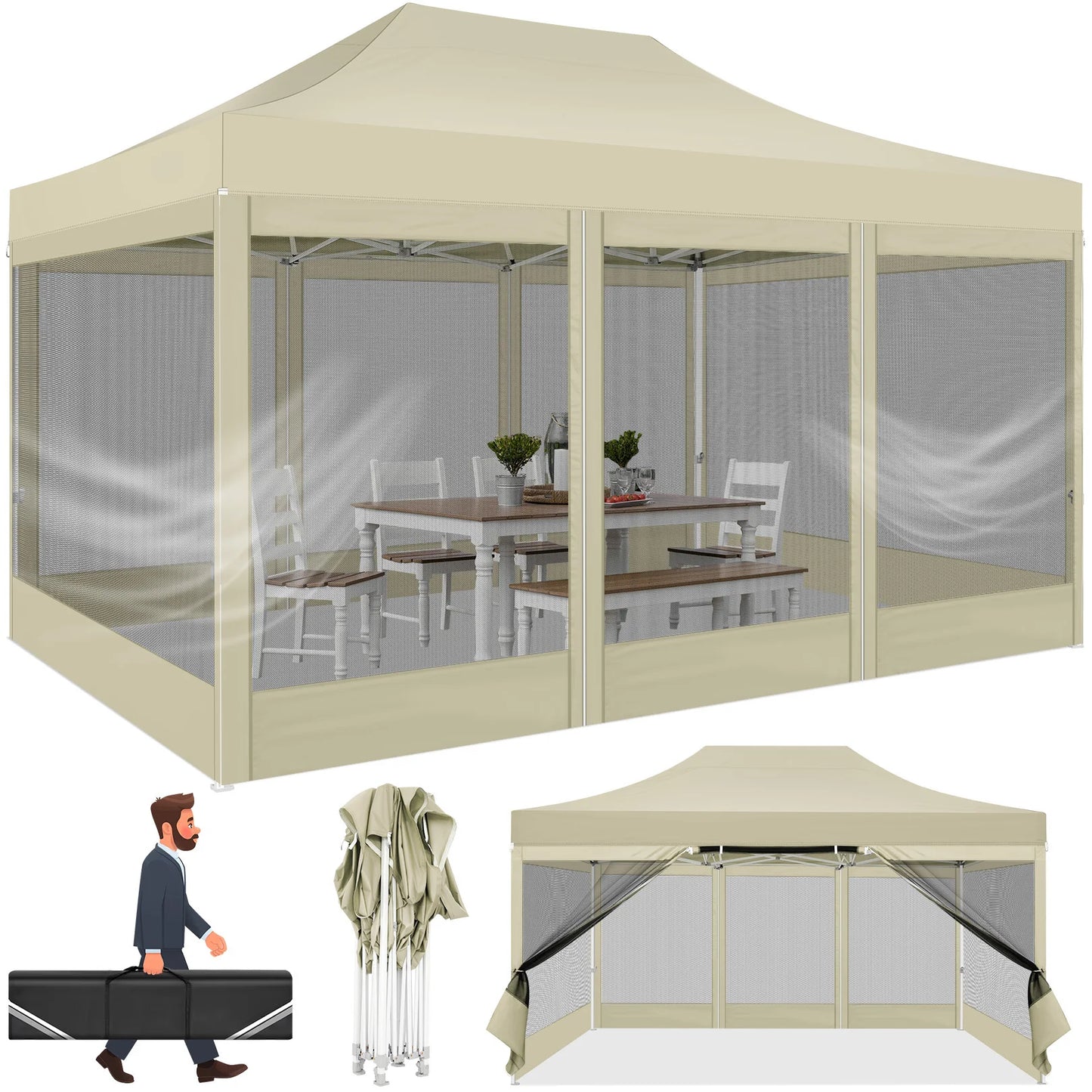 HOTEEL Heavy Duty Pop Up Canopy With Mosquito Netting