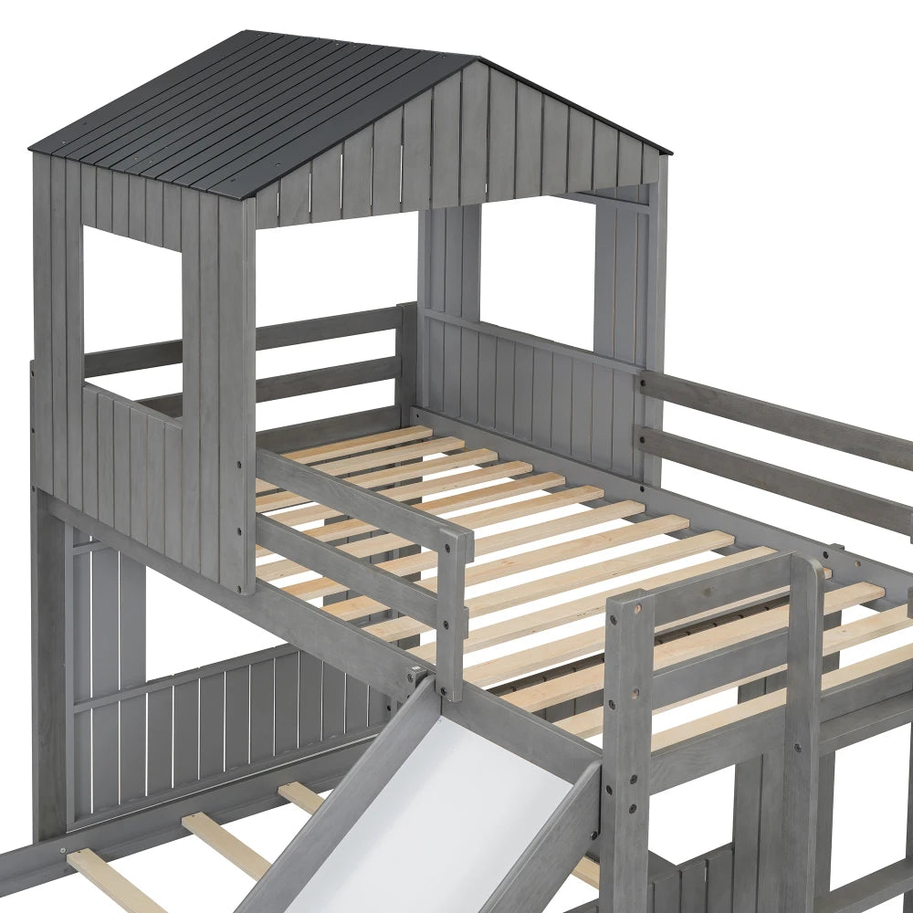 Wooden Bunk Bed With Playhouse Ladder Slide And Guardrails