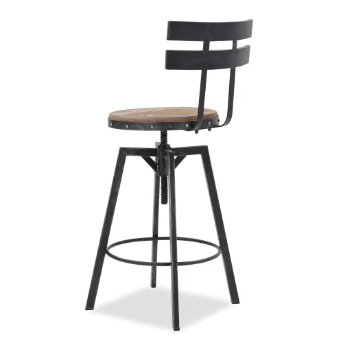 Rustic Antique Barstool With Firwood Seat And Smooth Metal Back