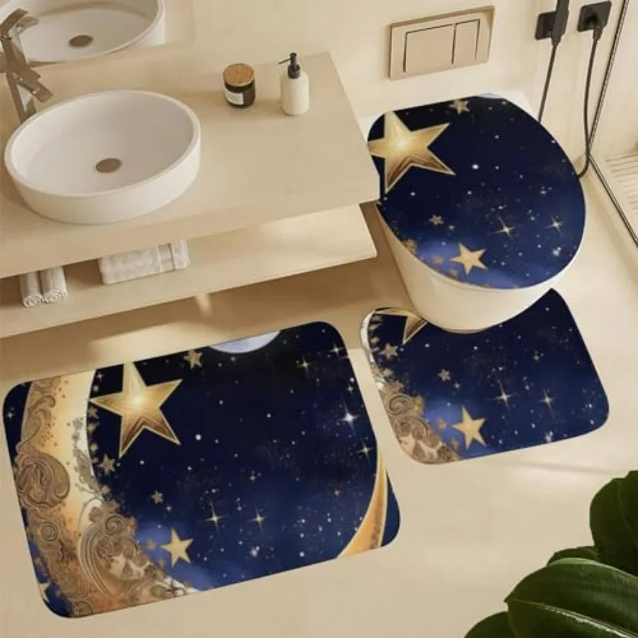 Moon Star Design Bathroom Curtain Set With Rugs