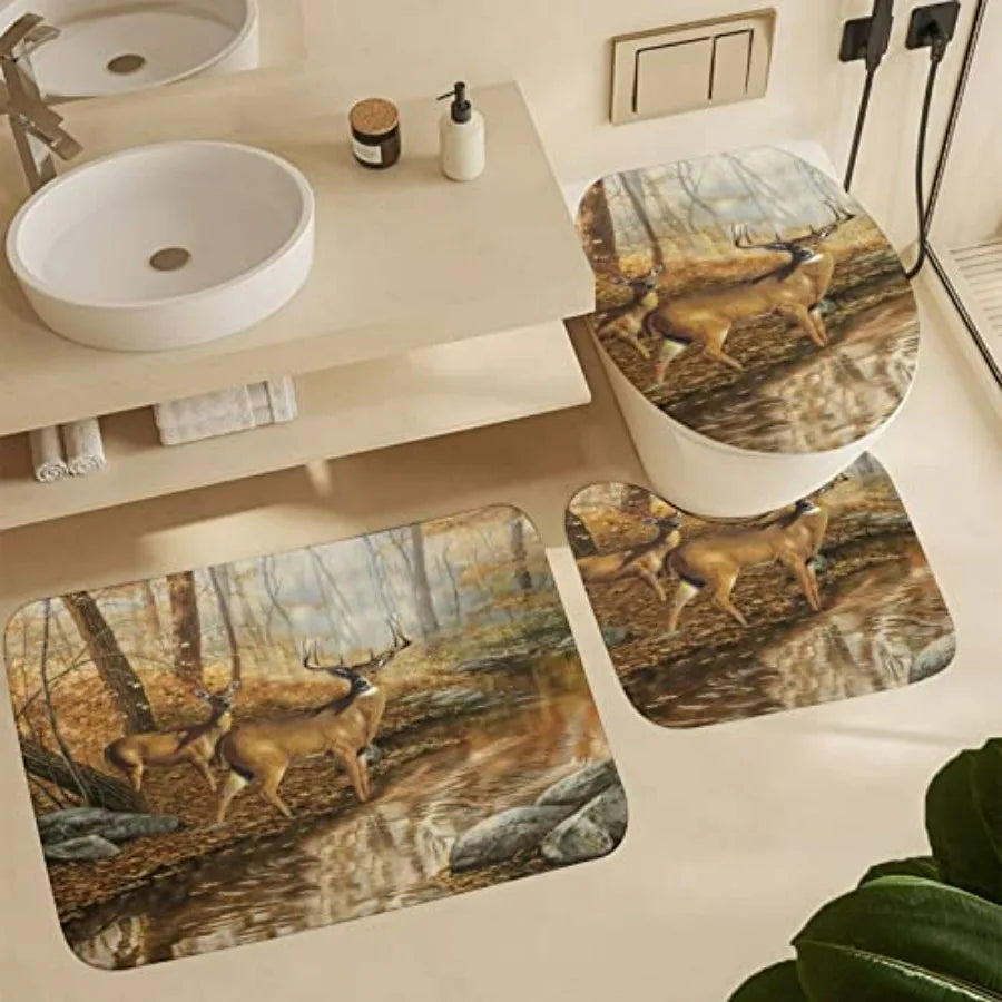 Rustic Cabin Wildlife Shower Curtain Set With Non Slip Rugs