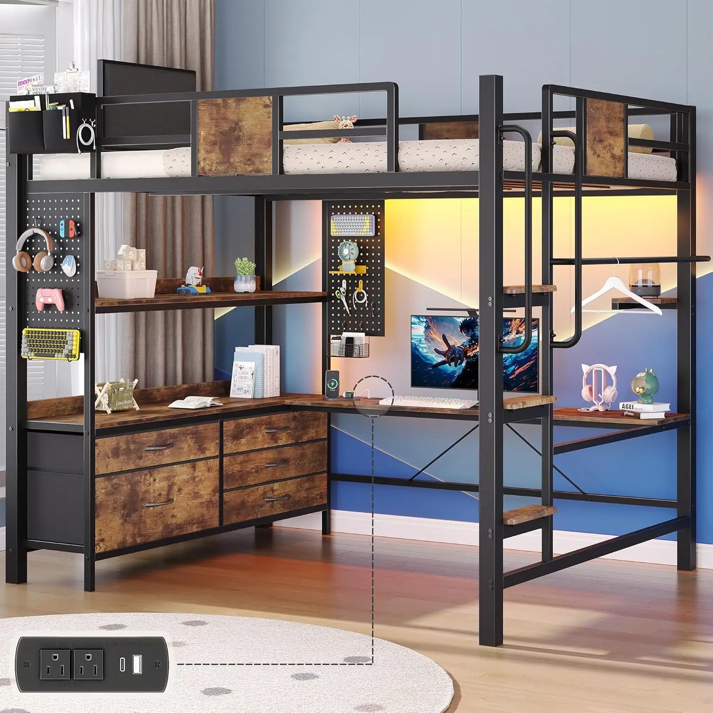 Loft Bed With Desk And Storage Shelves LED Charging Station