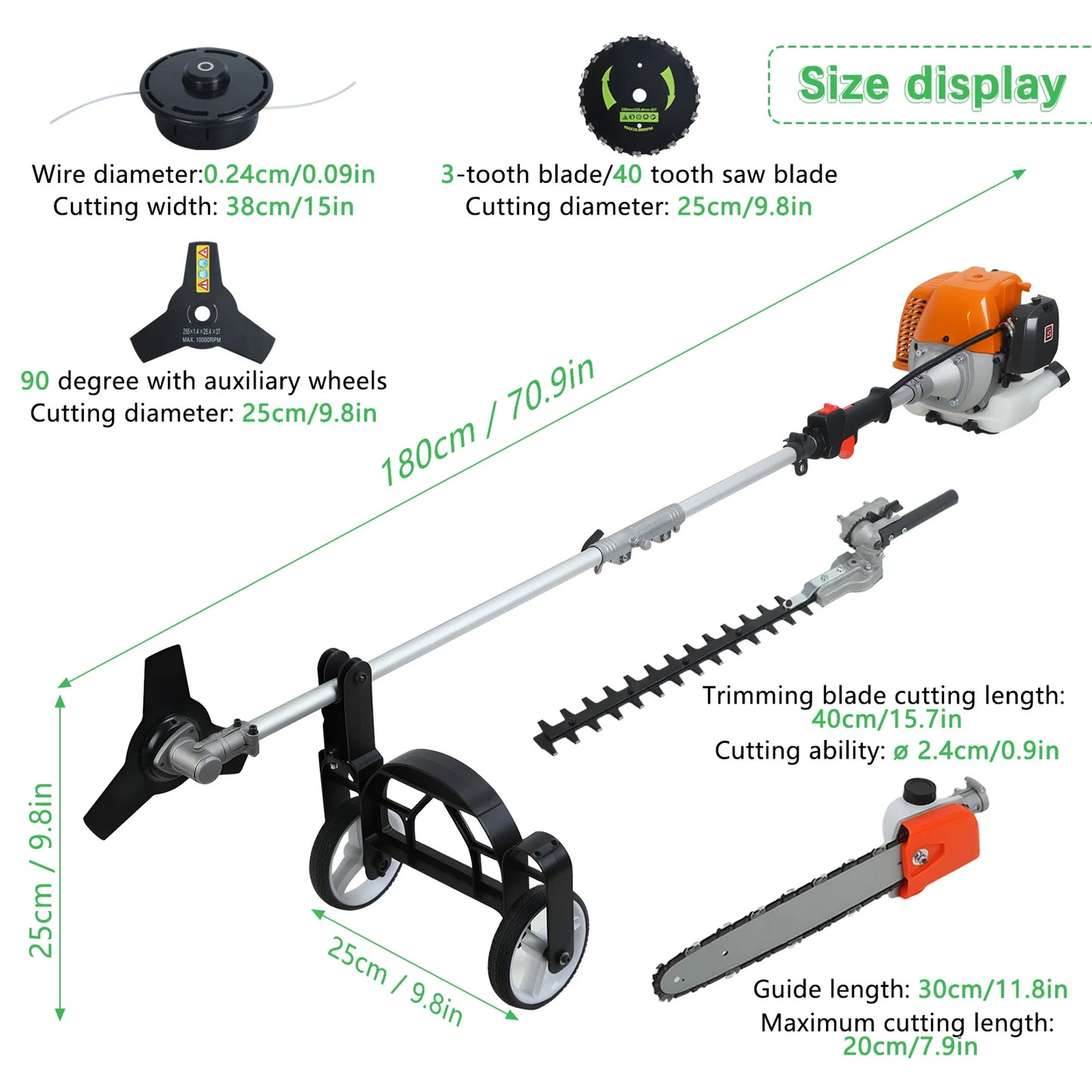Gas Powered 8 in 1 Hedge Trimmer String Trimmer Cutter