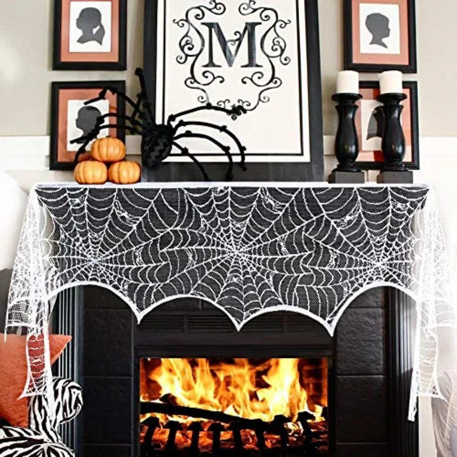 Halloween Lace Spiderweb Fireplace Mantel Scarf Decor