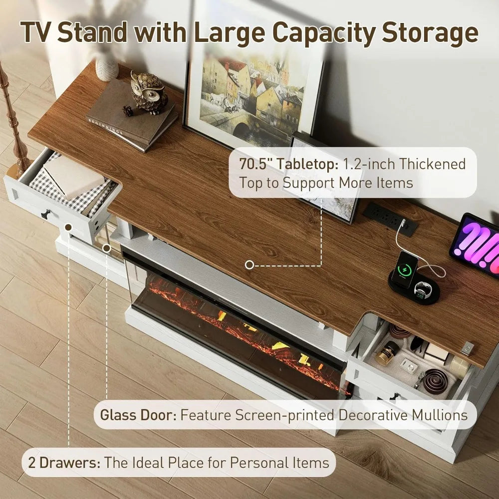 Farmhouse Fireplace TV Stand With Charging Station And Glass Panels