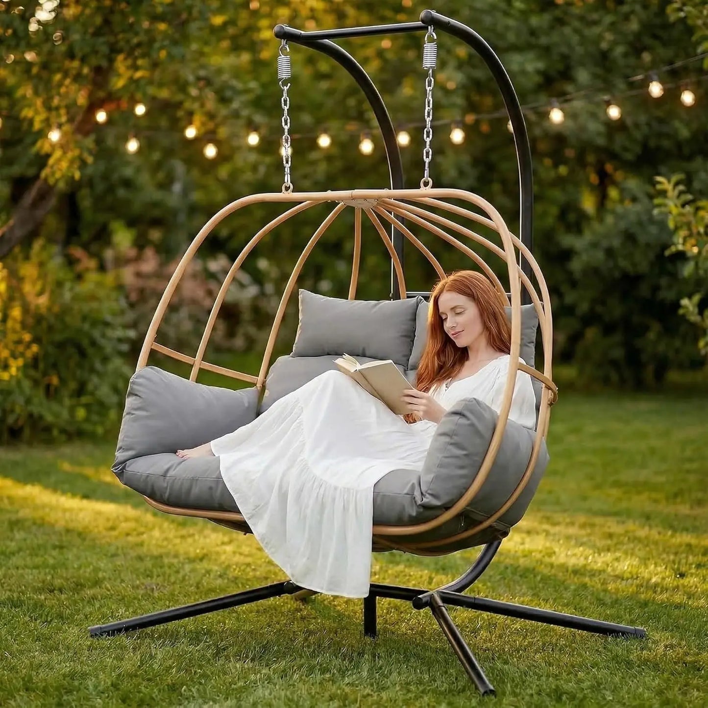 Double Egg Hanging Swing Chair With Stand And Cushions