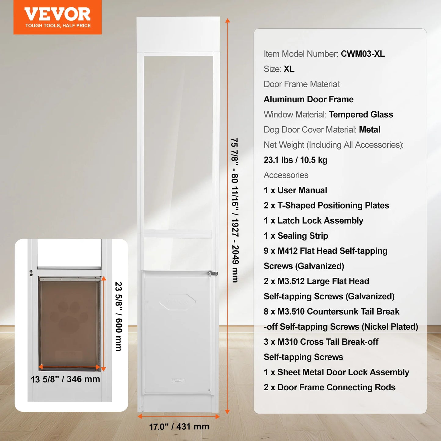 SucceBuy Sliding Glass Dog Door With Adjustable Aluminum Frame