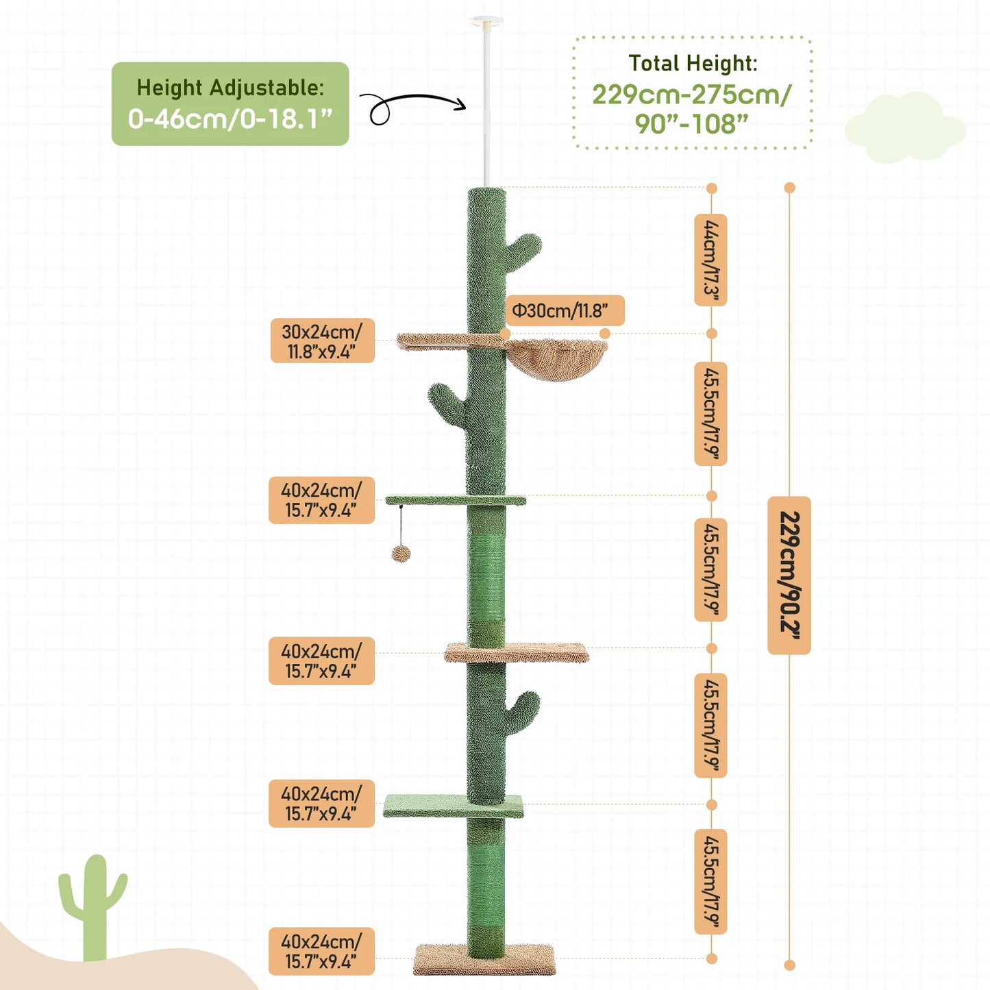 PAWZ Road 5-Tier Floor-To-Ceiling Cat Tree Cactus Climbing Tower Hammock