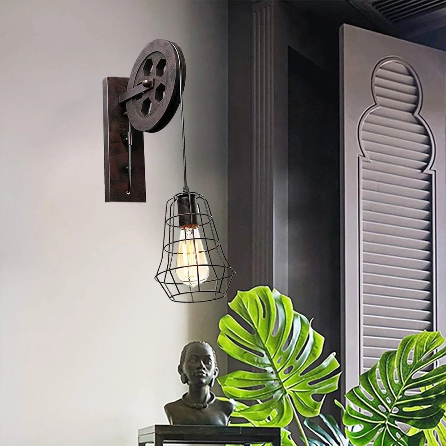 Bymaocar Industrial Wall Sconce Lift Pulley Iron Cage Lamp