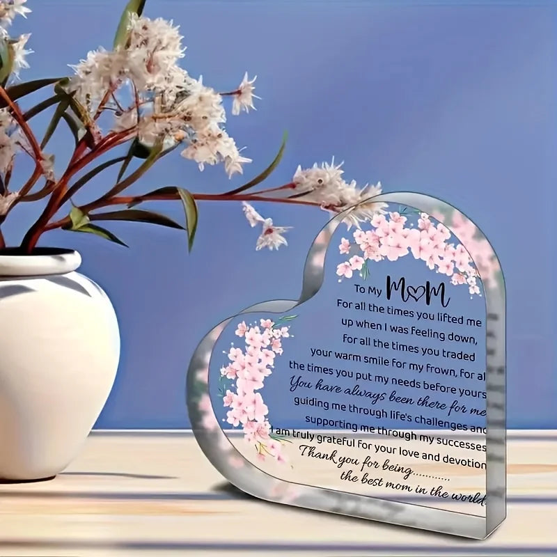 Heart Shaped Acrylic Mom Appreciation Plaque with Floral Design