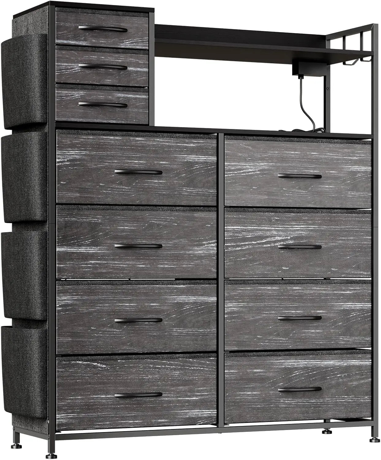 Storage Dresser With Fabric Drawers, Charging Station, LED Lights