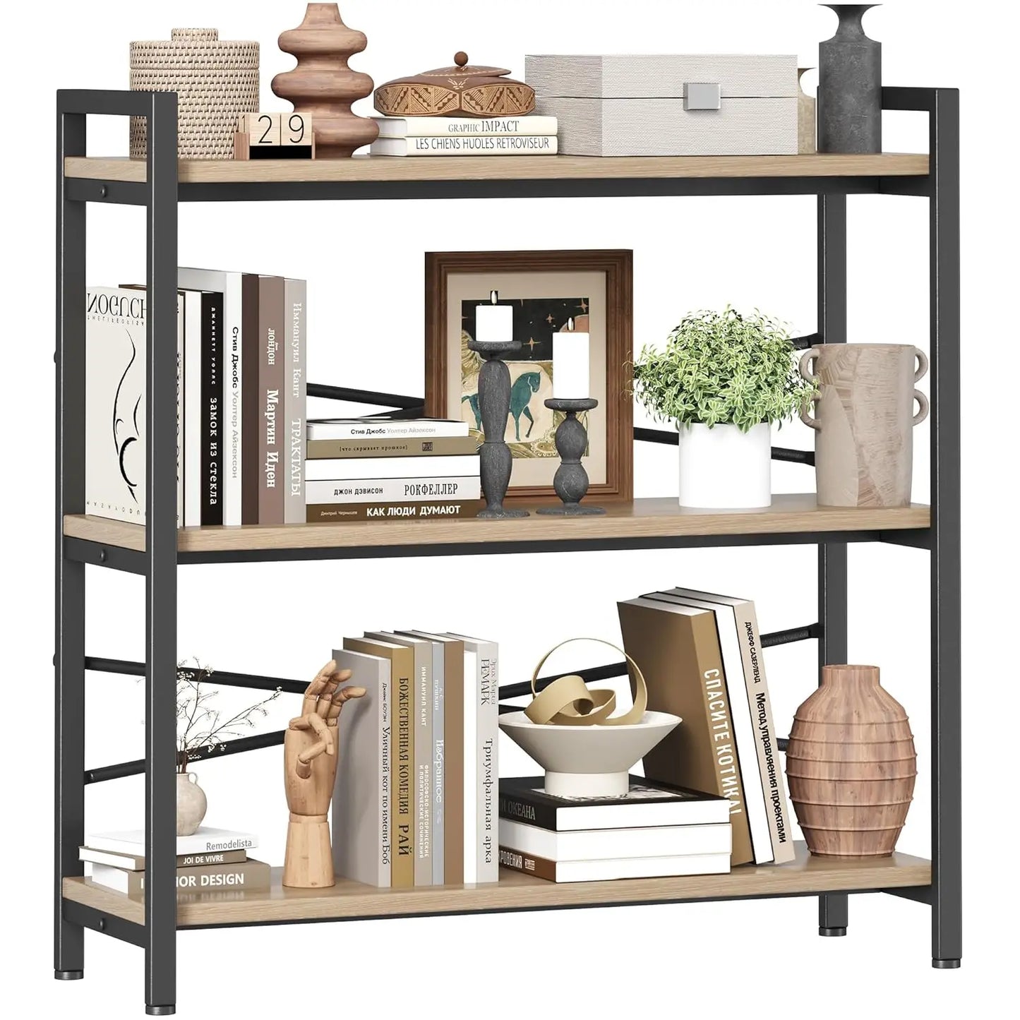 3 Tier Wooden Metal Industrial Bookcase For Living Room Office