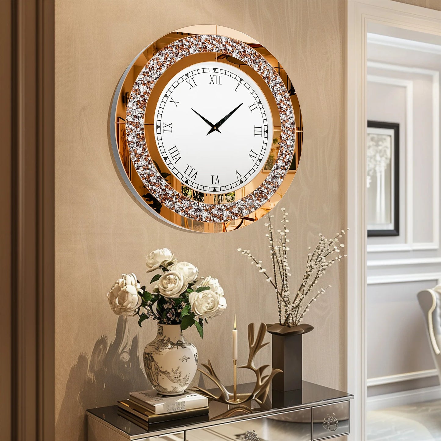 Round Mirrored Wall Clock With Crystal Accents For Living Room