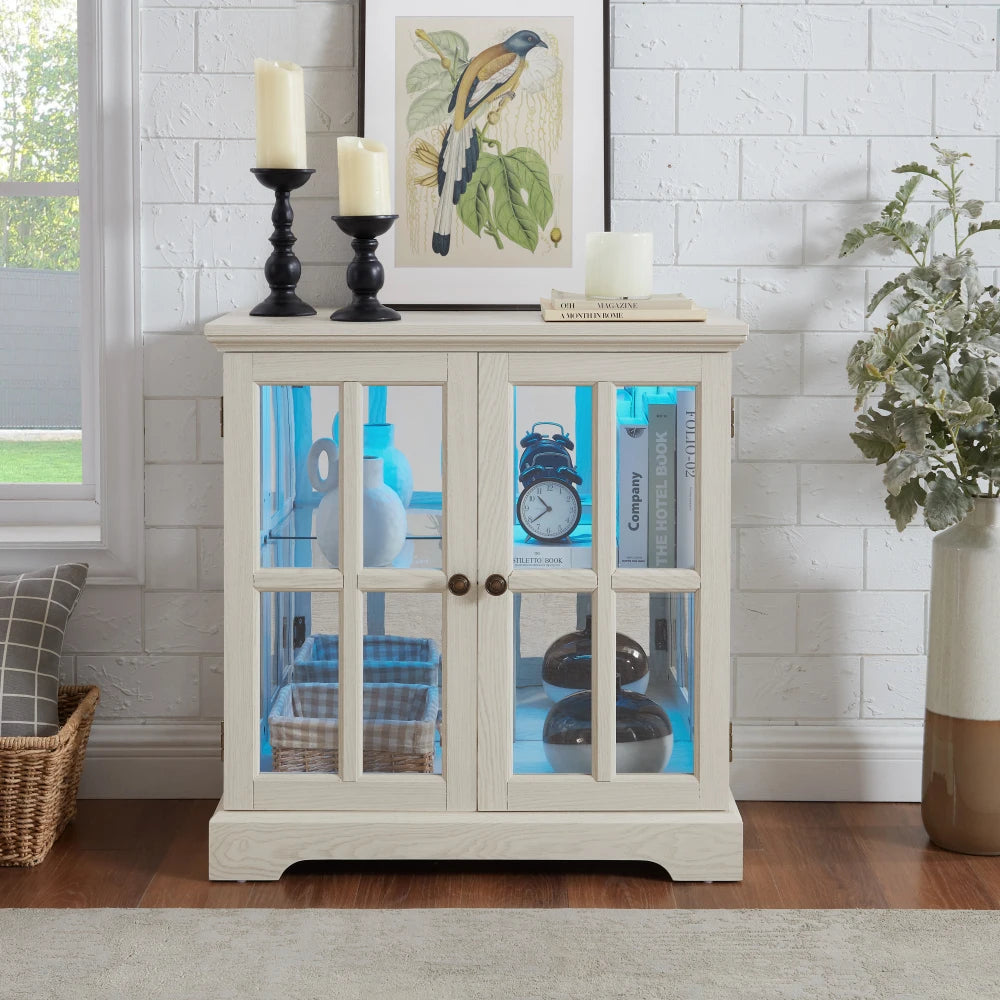 LED Curio Display Cabinet With Adjustable Shelves And Lattice Doors