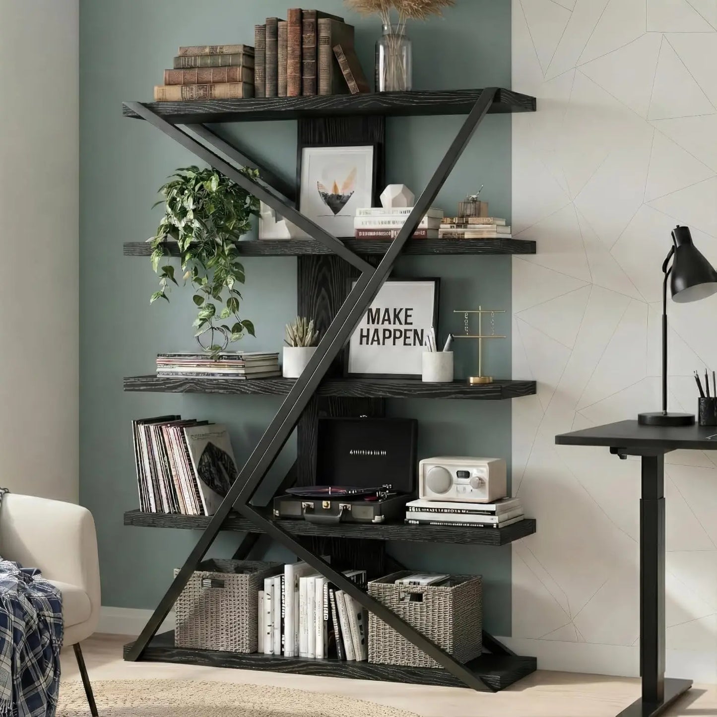 Industrial Rustic 5-Tier Wood and Metal Bookshelf Display
