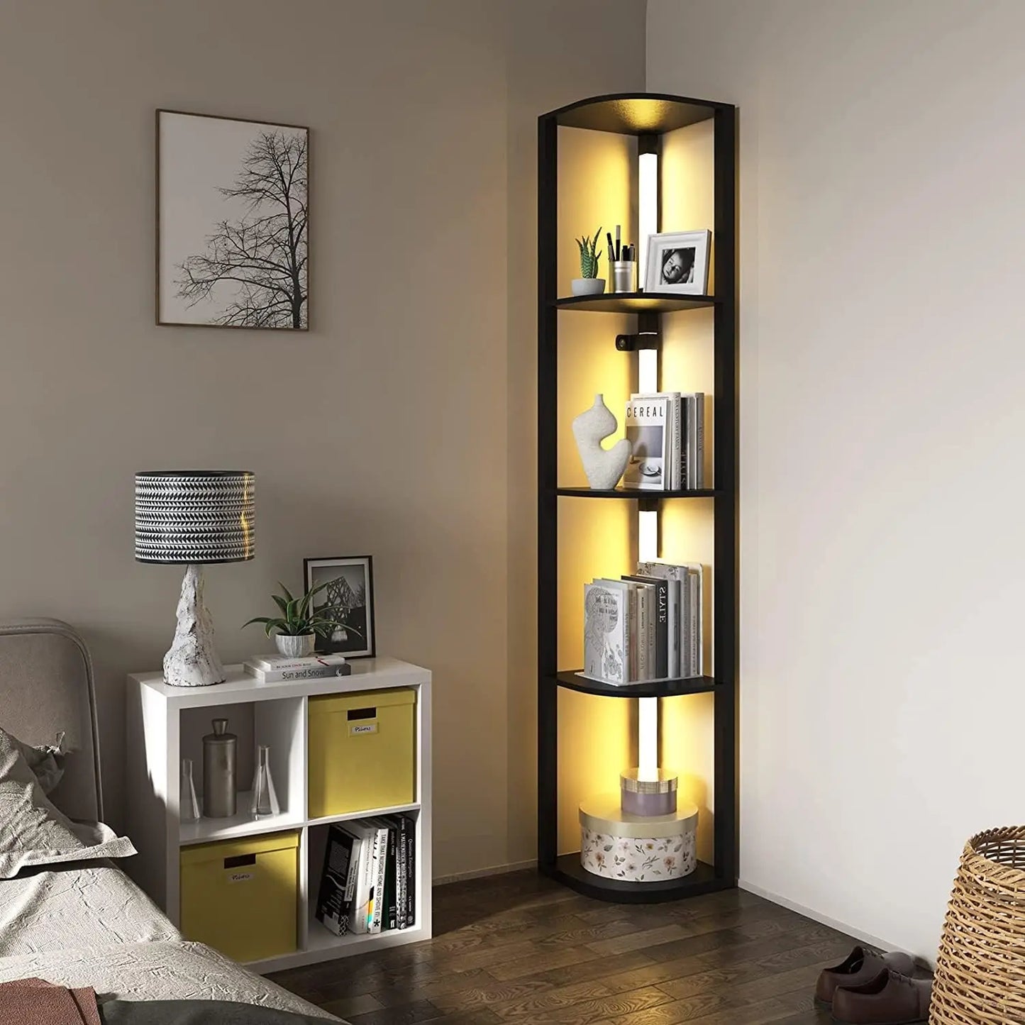 Modern Corner Shelf With LED Lights 5-Tier Storage Display