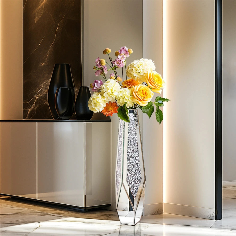 Crushed Diamond Mirrored Floor Vase Glass Crystal Stand