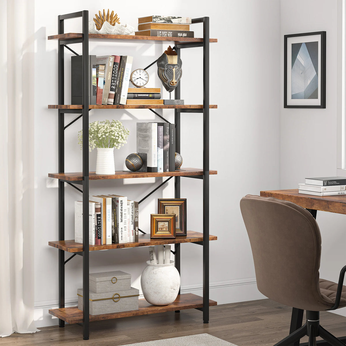 Tribesigns Industrial Bookshelf With Open Shelves And Metal Frame