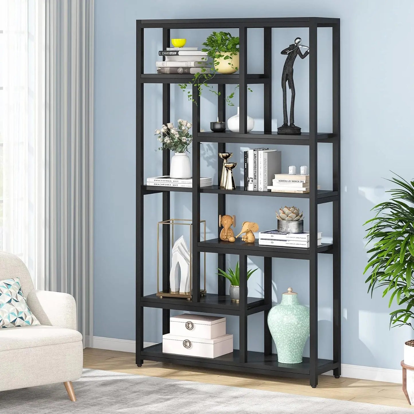 Industrial 7 Tier Bookcase With Open Storage For Home Office