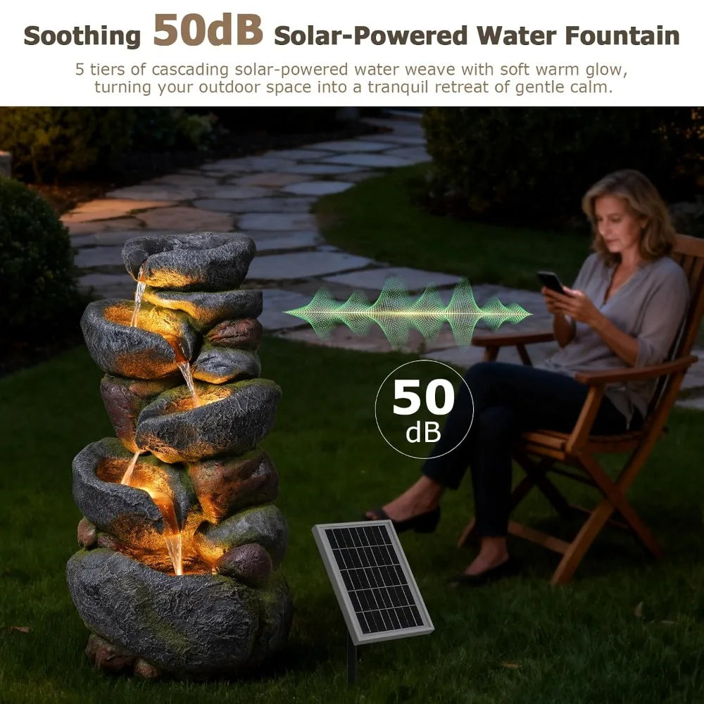 5-Tier Rock Solar Water Fountain For Outdoor Garden Decoration
