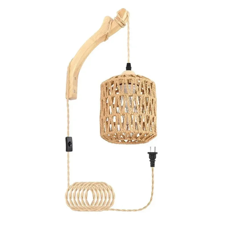 ONEYLTTC LED Rattan Wall Lamp E27 Hemp Rope Lights