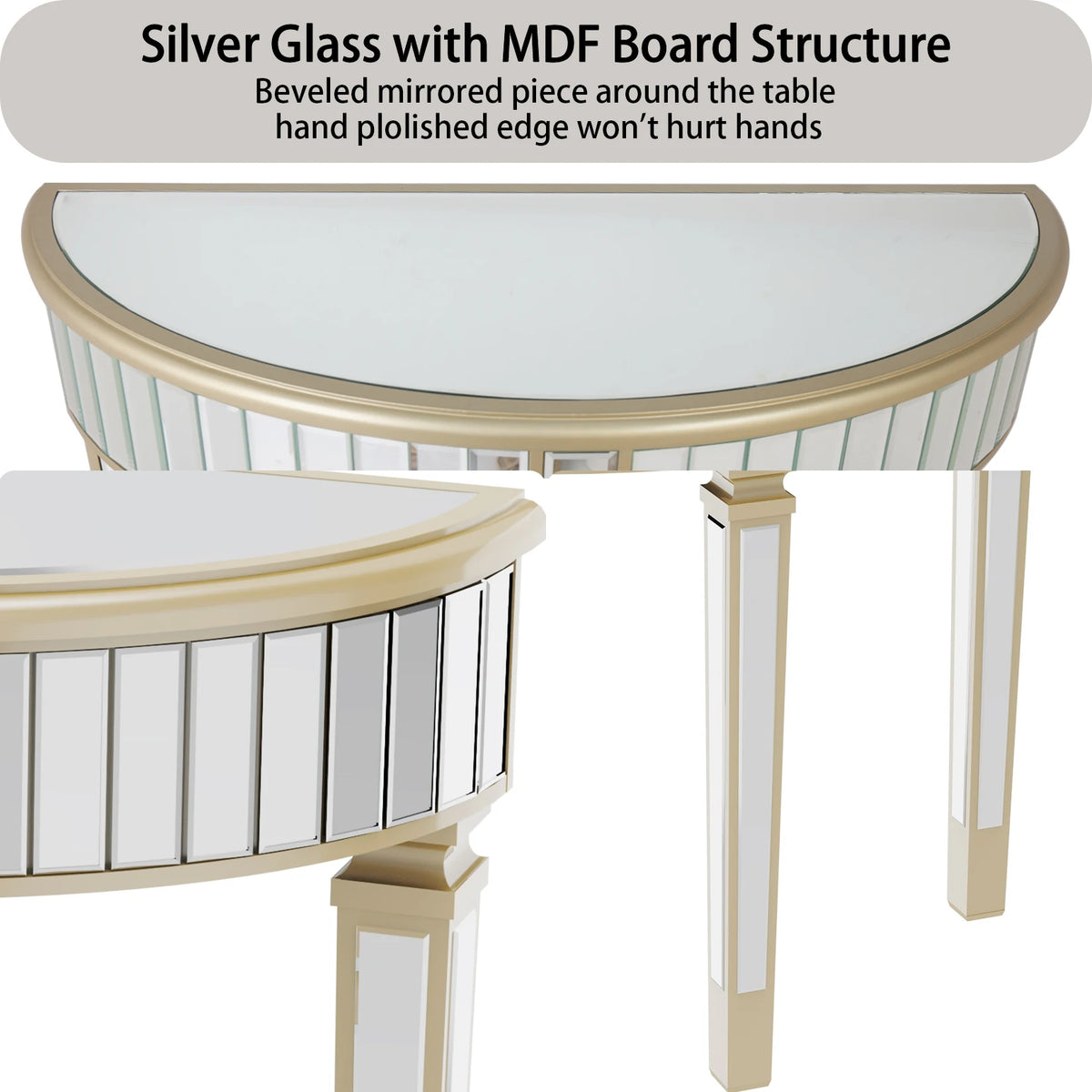 Ornate Mirrored Half Moon Console Table For Entryway Living Room