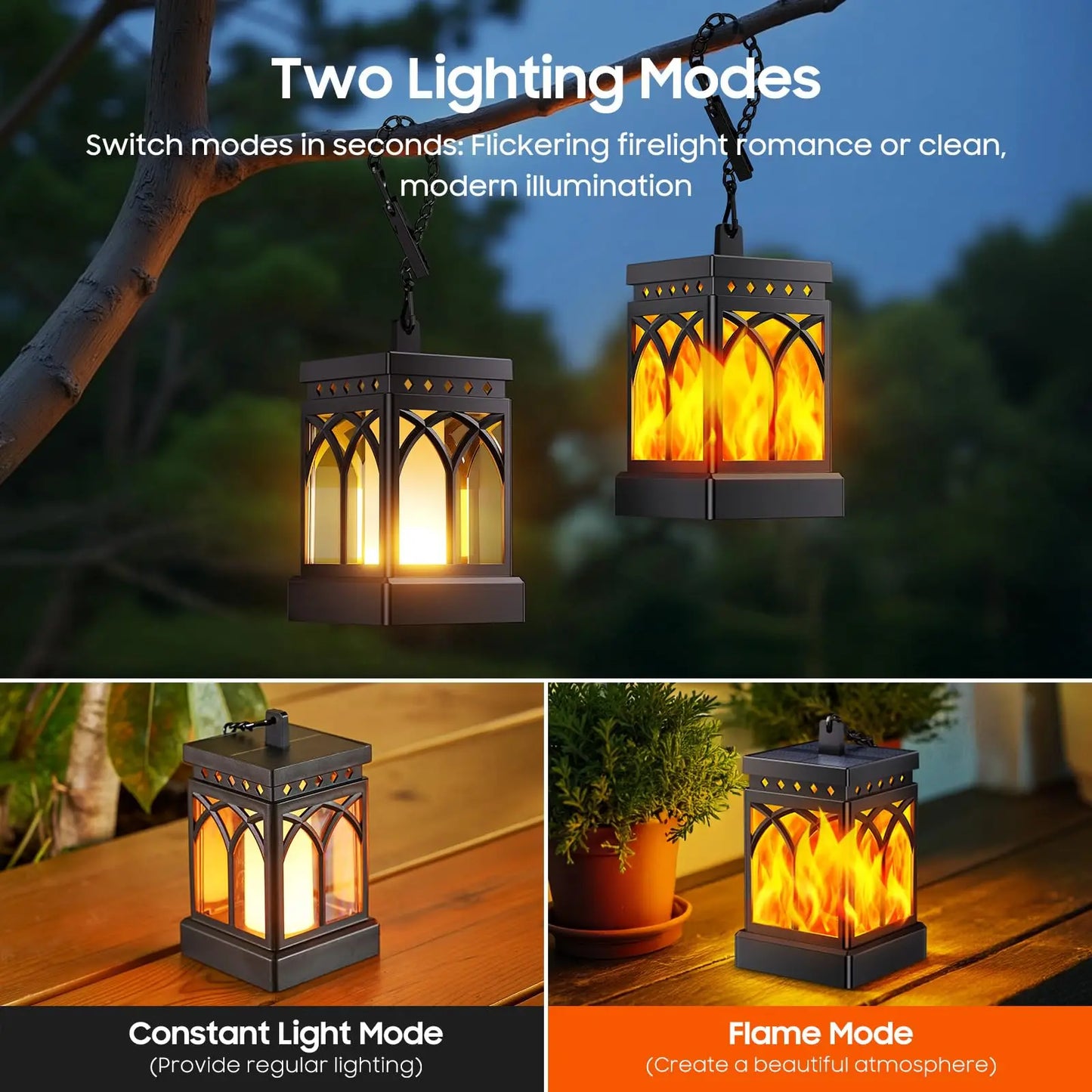 Outdoor Solar LED Lanterns Waterproof Hanging Lights Two Modes Auto On Off