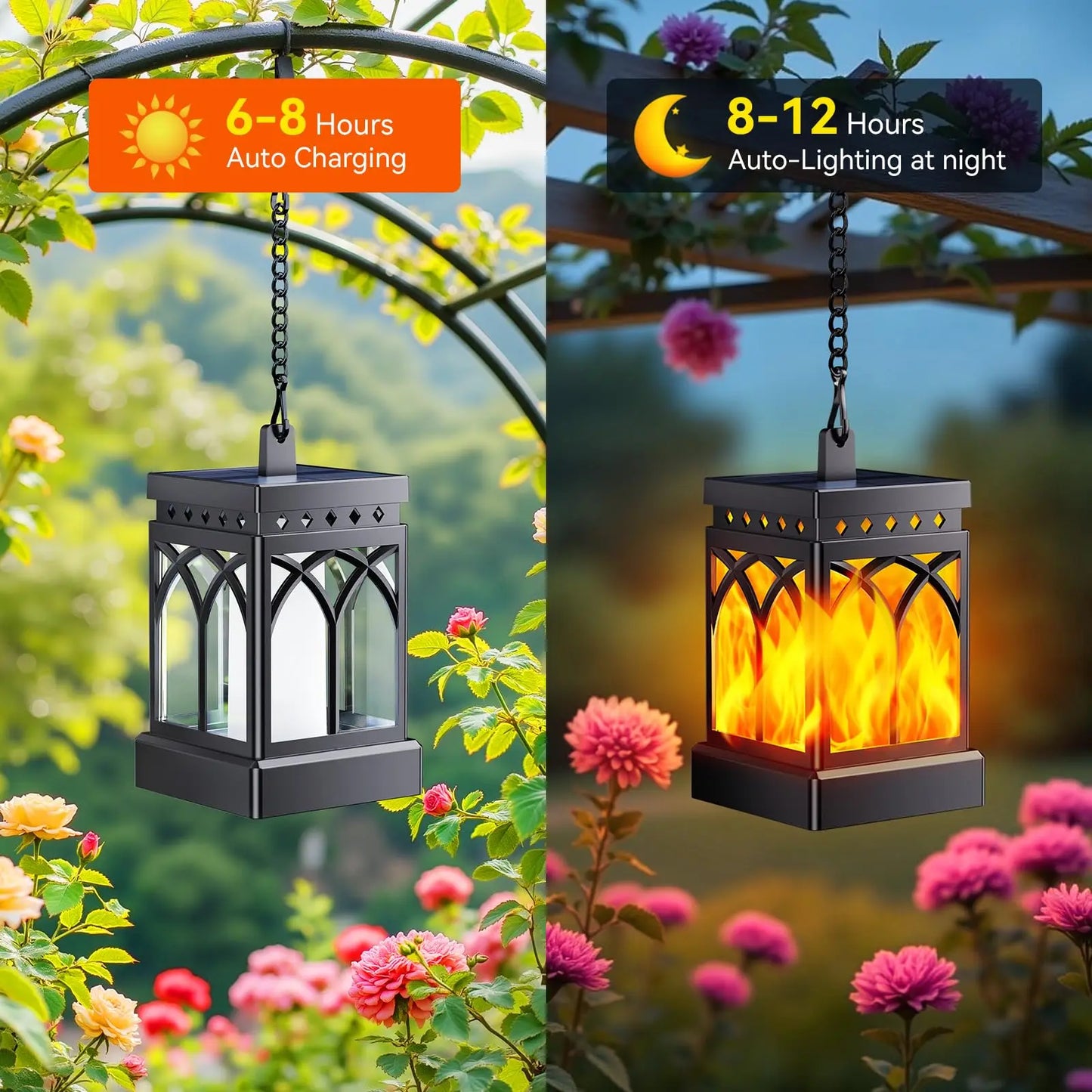 Outdoor Solar LED Lanterns Waterproof Hanging Lights Two Modes Auto On Off