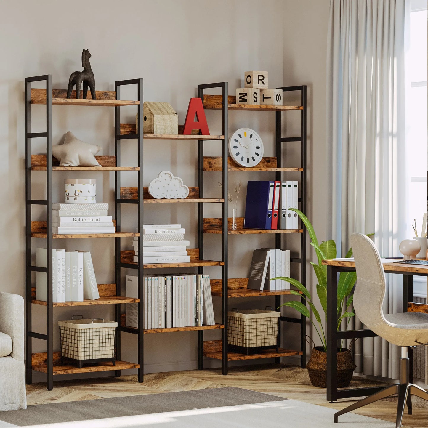 Ironck Triple Wide 5-Tier Industrial Bookshelf With Metal Frame