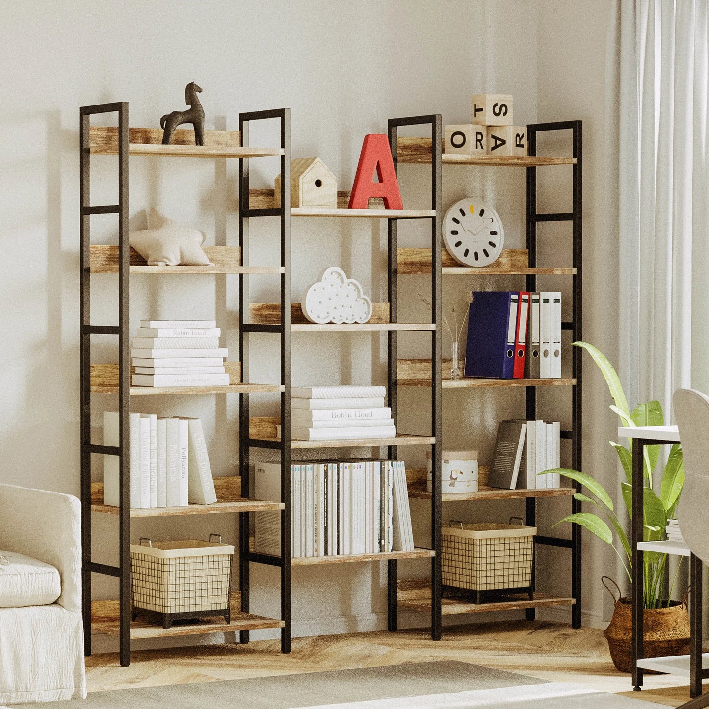 Ironck Triple Wide 5-Tier Industrial Bookshelf With Metal Frame