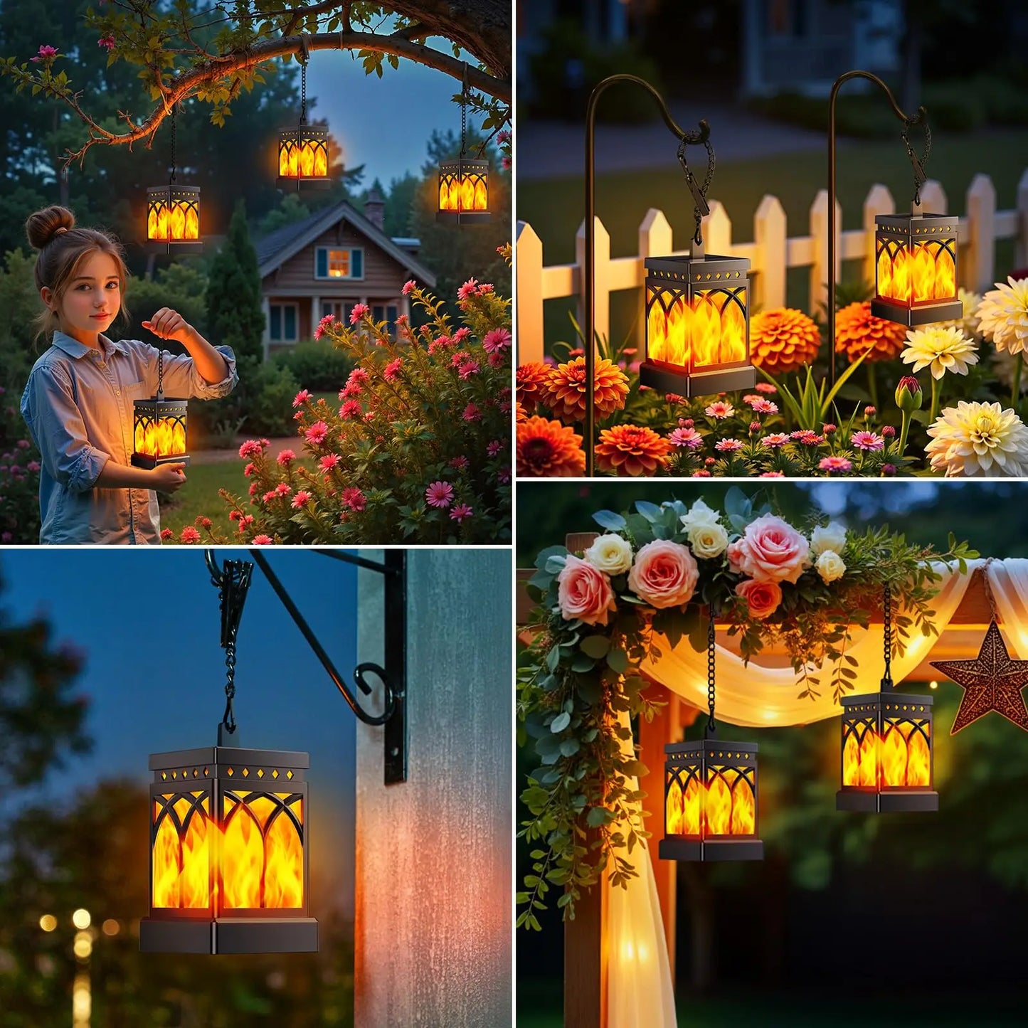 Outdoor Solar LED Lanterns Waterproof Hanging Lights Two Modes Auto On Off
