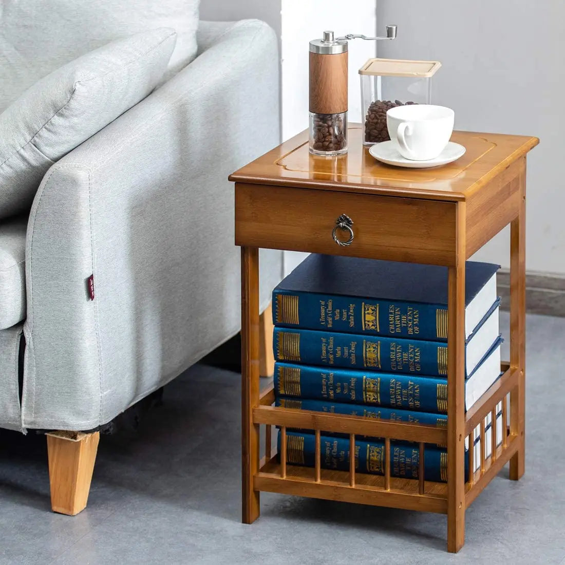 Bamboo Bedside Table With Drawer And Open Storage Shelf