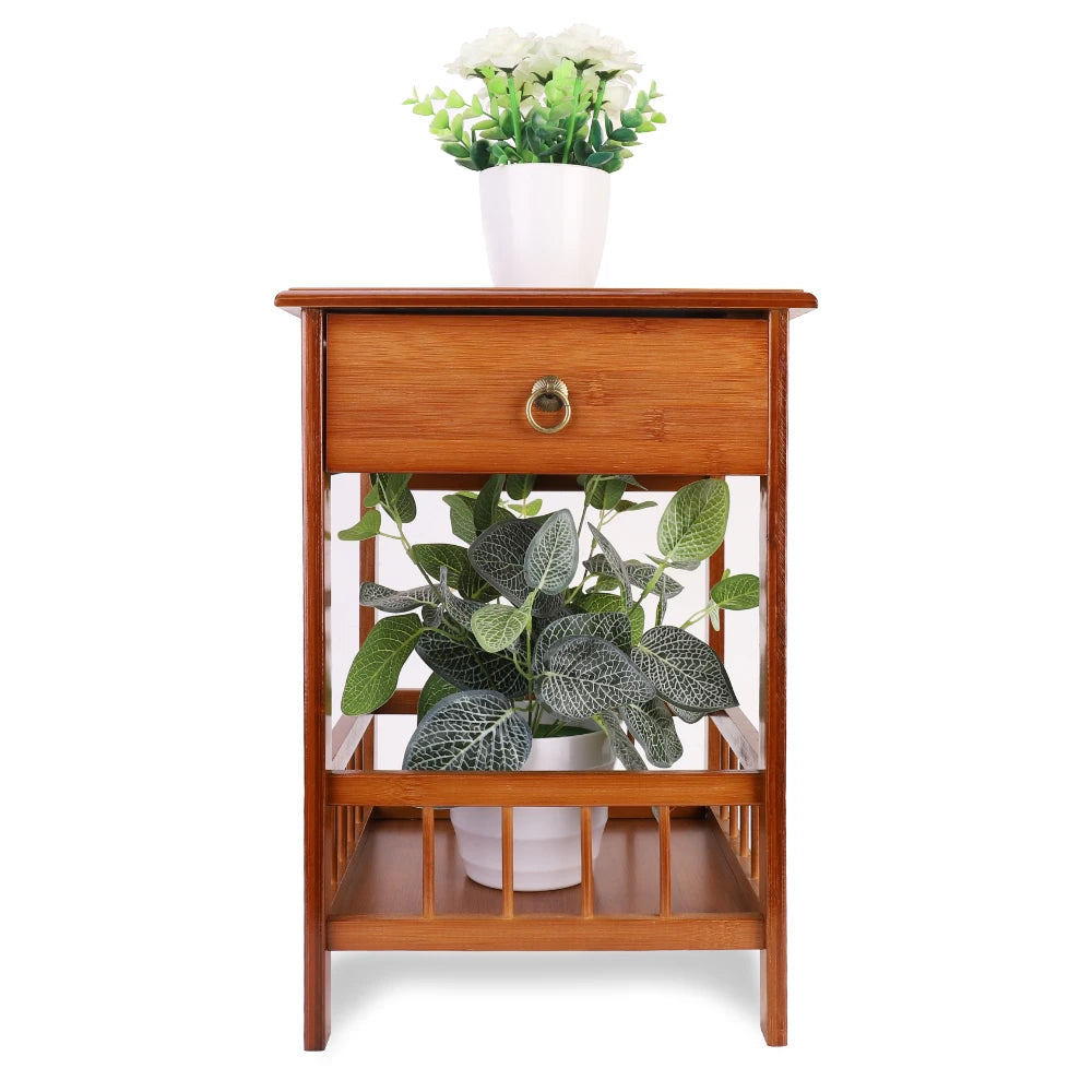 Bamboo Bedside Table With Drawer And Open Storage Shelf