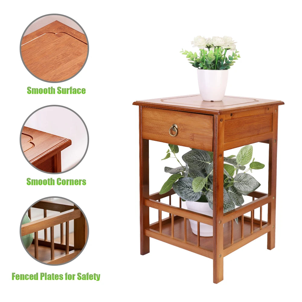 Bamboo Bedside Table With Drawer And Open Storage Shelf