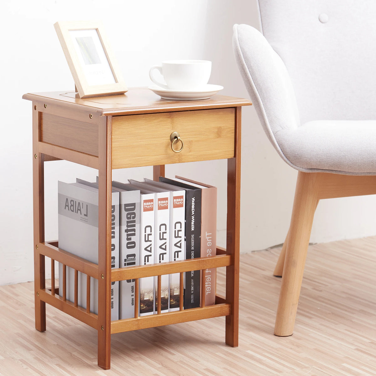 Bamboo Bedside Table With Drawer And Open Storage Shelf