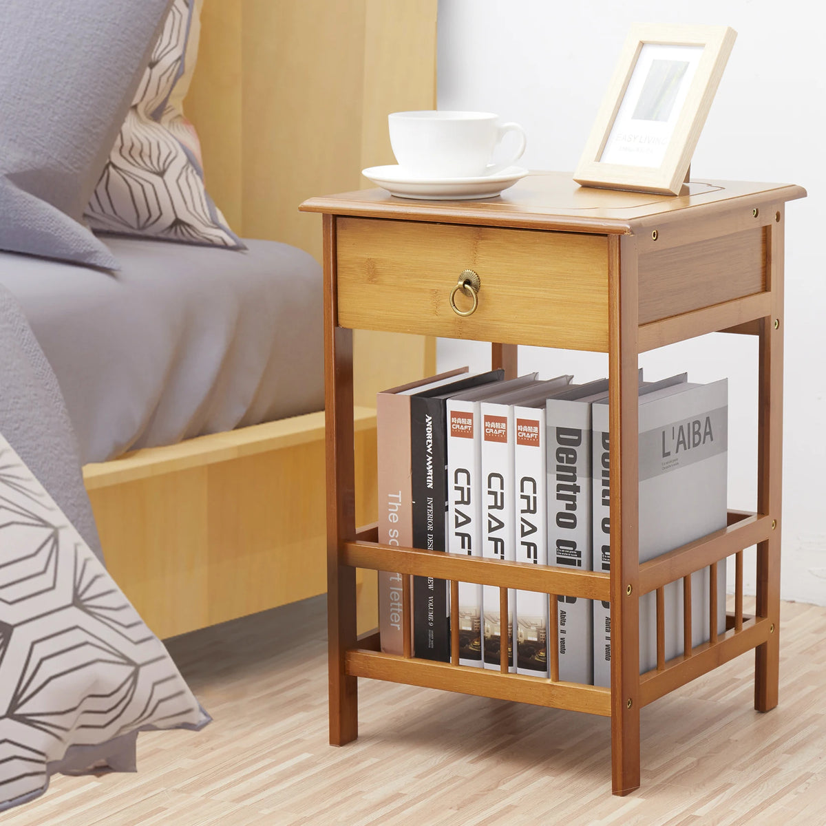 Bamboo Bedside Table With Drawer And Open Storage Shelf
