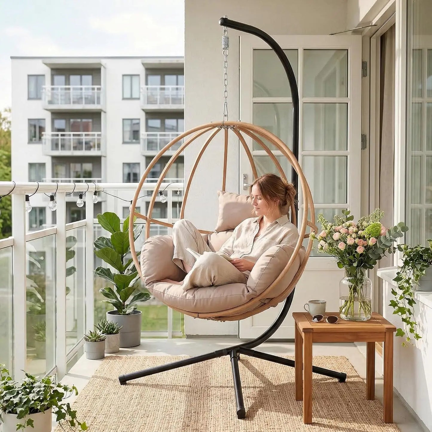 Double Egg Hanging Swing Chair With Stand And Cushions