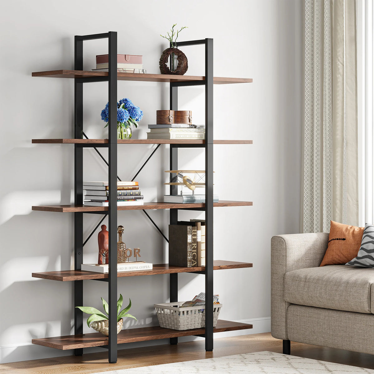 Tribesigns Five Tier Vintage Industrial Wooden Bookshelf Bookcase