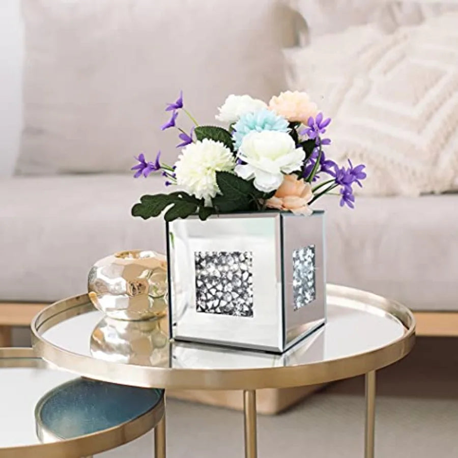 Crushed Diamond Mirrored Vase Crystal Glass Decorative Accent