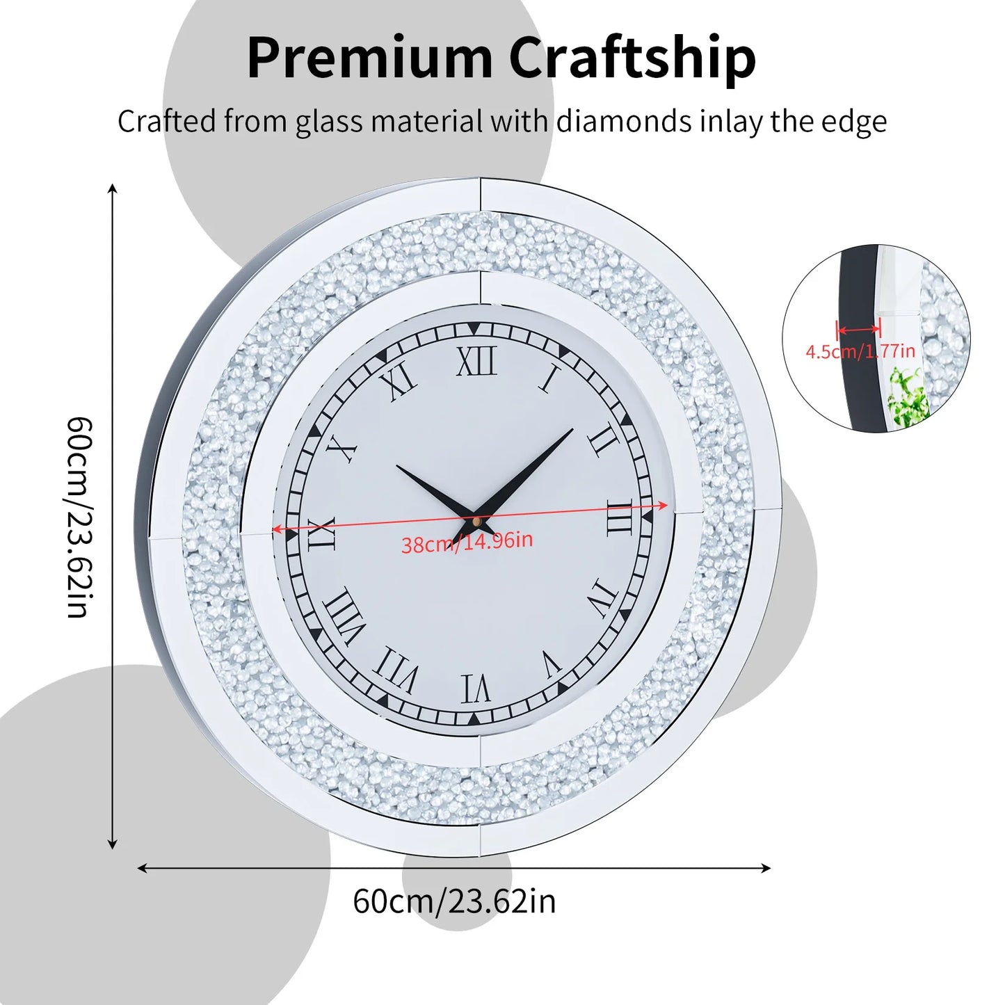 Round Mirrored Wall Clock With Crystal Accents For Living Room