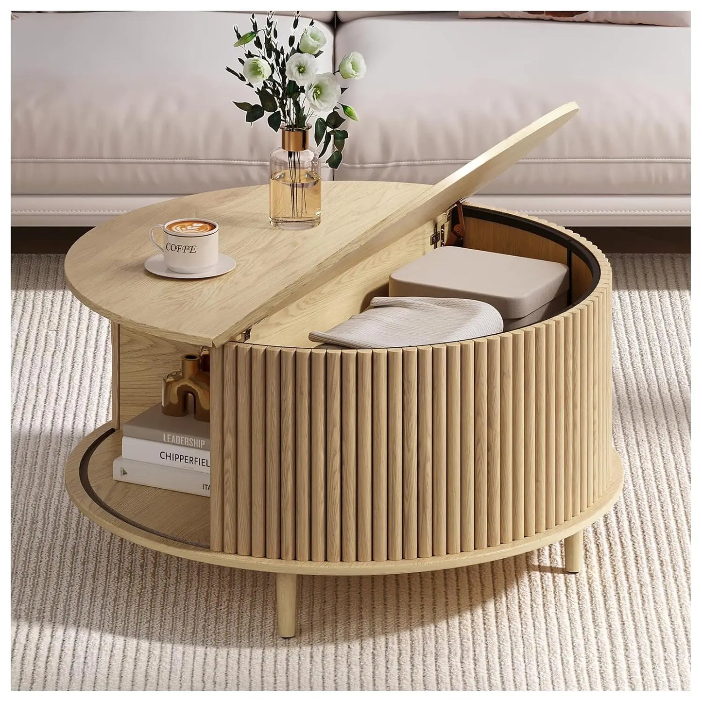 Round Coffee Table With Hidden Storage In Walnut Wood Drum