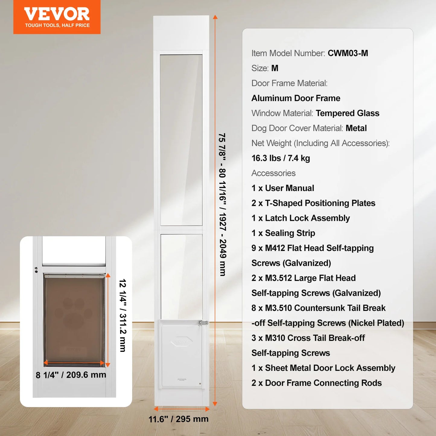 SucceBuy Sliding Glass Dog Door With Adjustable Aluminum Frame
