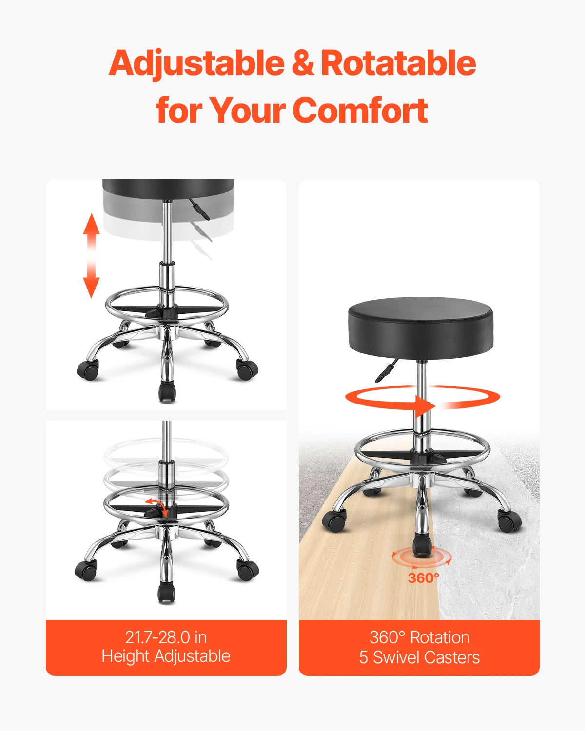 SucceBuy Adjustable Rolling Stool Chair With Wheels for Salon Spa