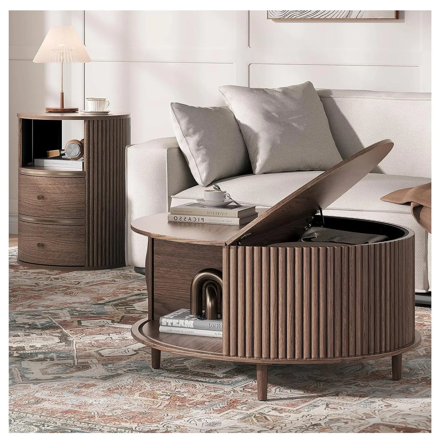 Round Coffee Table With Hidden Storage In Walnut Wood Drum