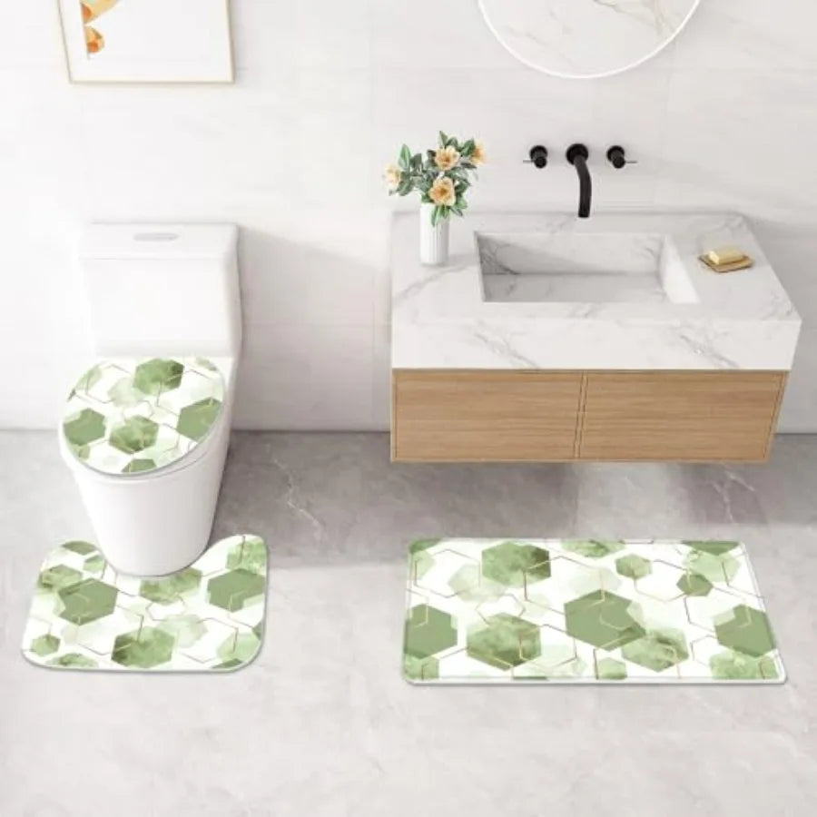 Geometric Shower Curtain Set With Non Slip Rugs Bath Mat
