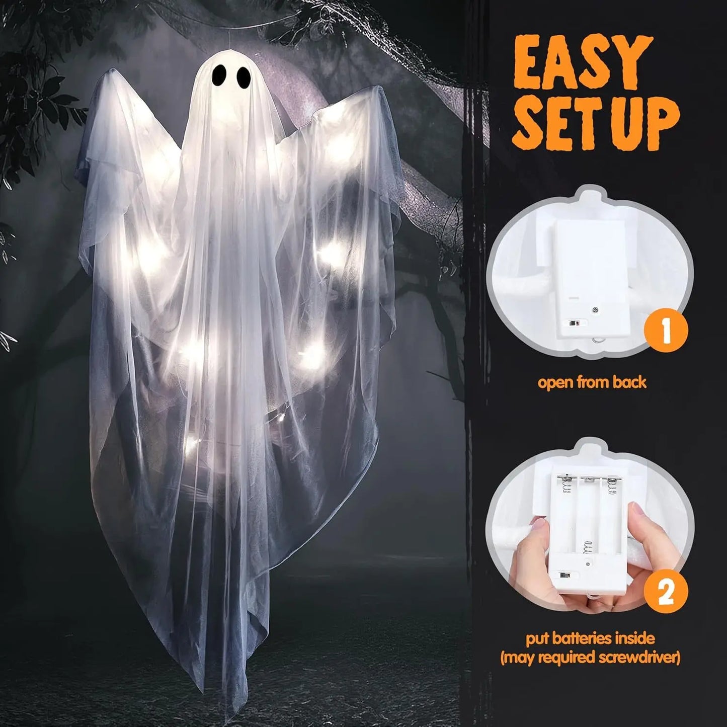 Joyfy LED Light Up Ghost Halloween Hanging Decor Outdoor