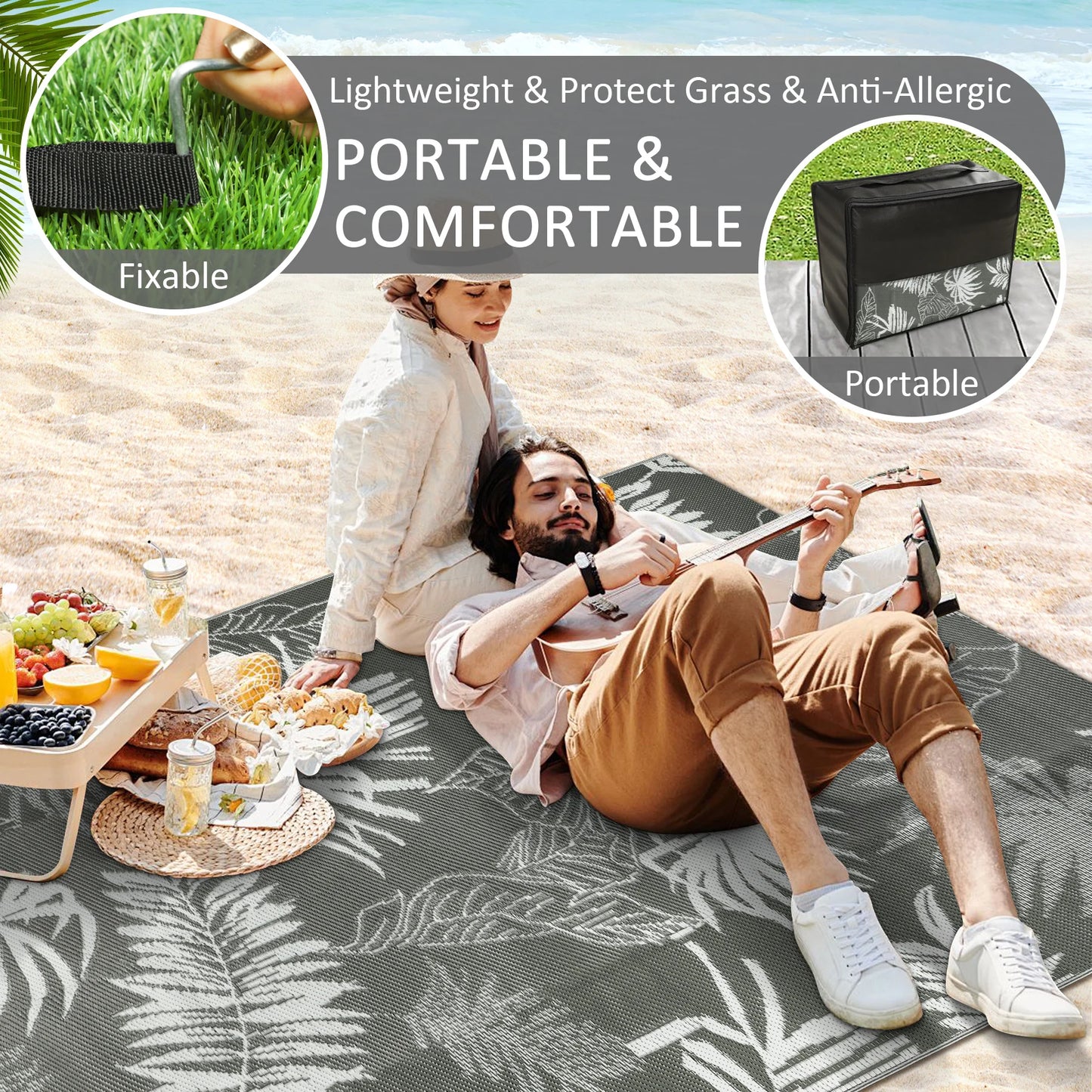 Outdoor Polypropylene Rug Leaves Pattern For Patio Deck RV Camping