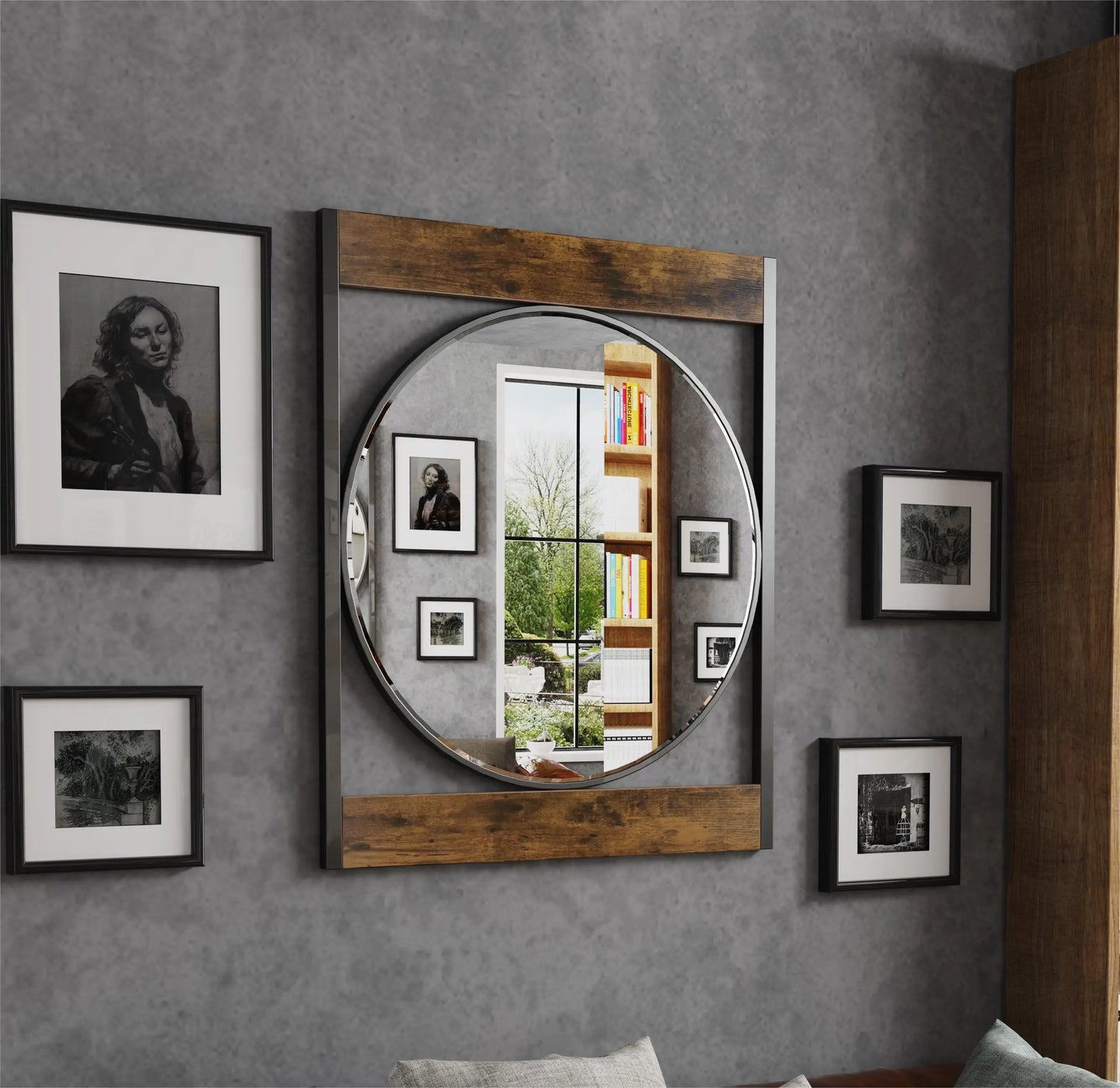 Industrial Metal Wood Frame Wall Mirror for Bathroom