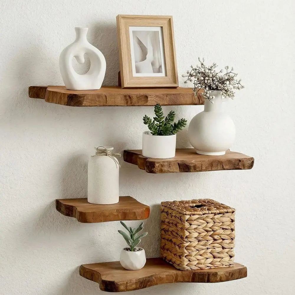 Floating Live Edge Wood Wall Shelves, 4-Piece Set, Wall Mount